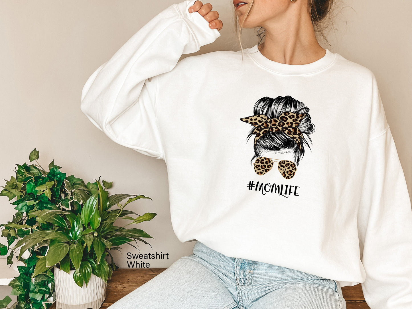 Mom Life Sweatshirt,Leopard Cheetah Print with Messy Bun,Mom Life Sweatshirt,Mother's Day Gift for Mom, Cheetah Print Mom Sweatshirt C5844