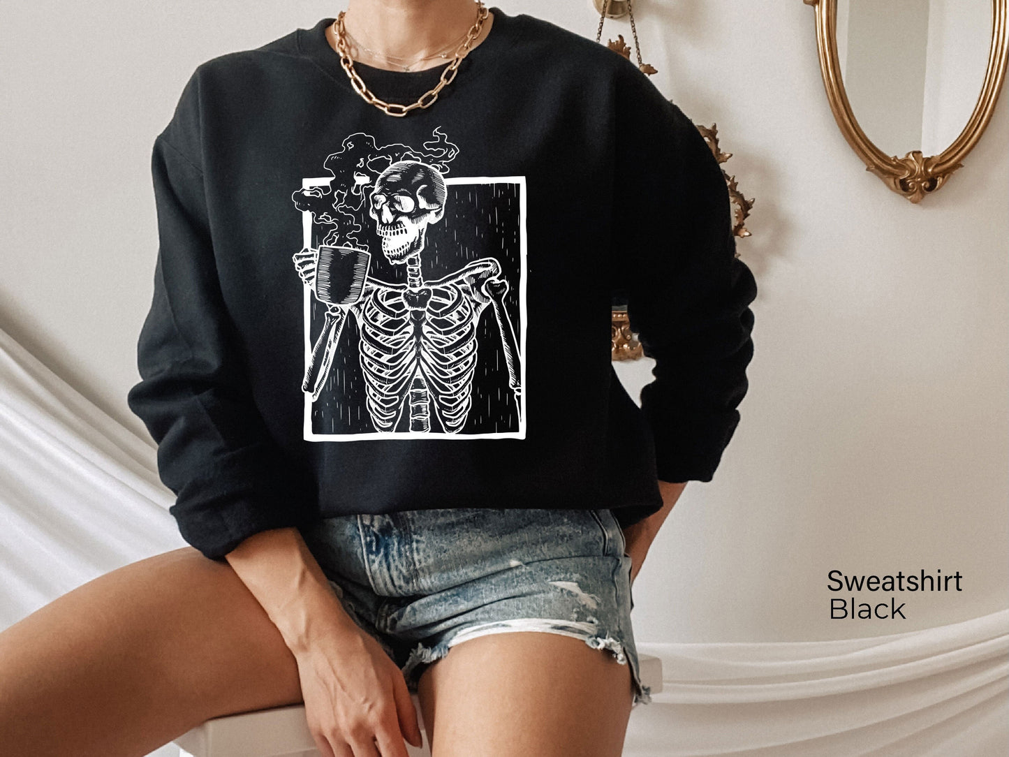 Hot Coffee Skeleton Sweatshirt,Skeleton Drinking Coffee Shirt,Skeletons Halloween Oversized Sweatshirt,Skull Hoodie,Skull Tee,C6141