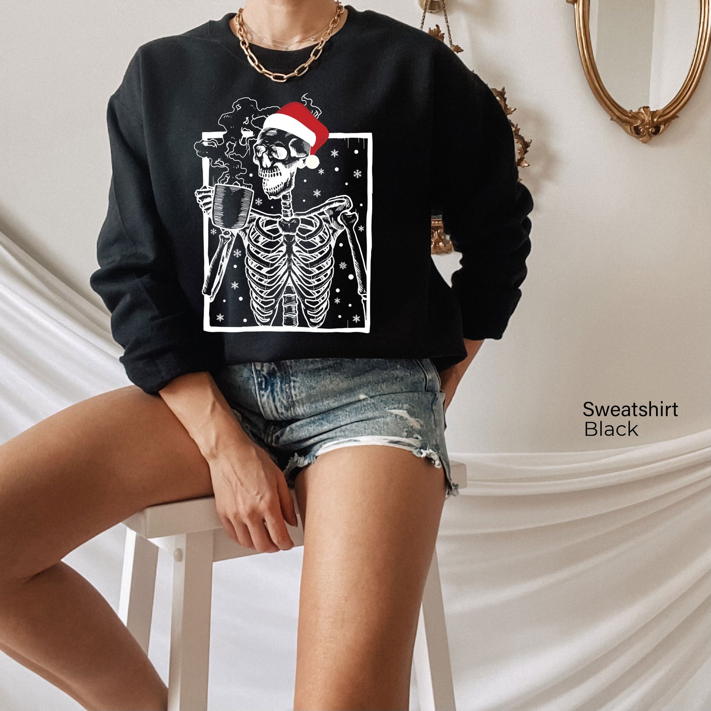 Hot Coffee Skeleton Sweathirt,Skeleton Drinking Coffee Sweatshirt,Skeleton Christmas Sweatshirt,Skull Shirt,Oversize,Christmas Gift,C6239