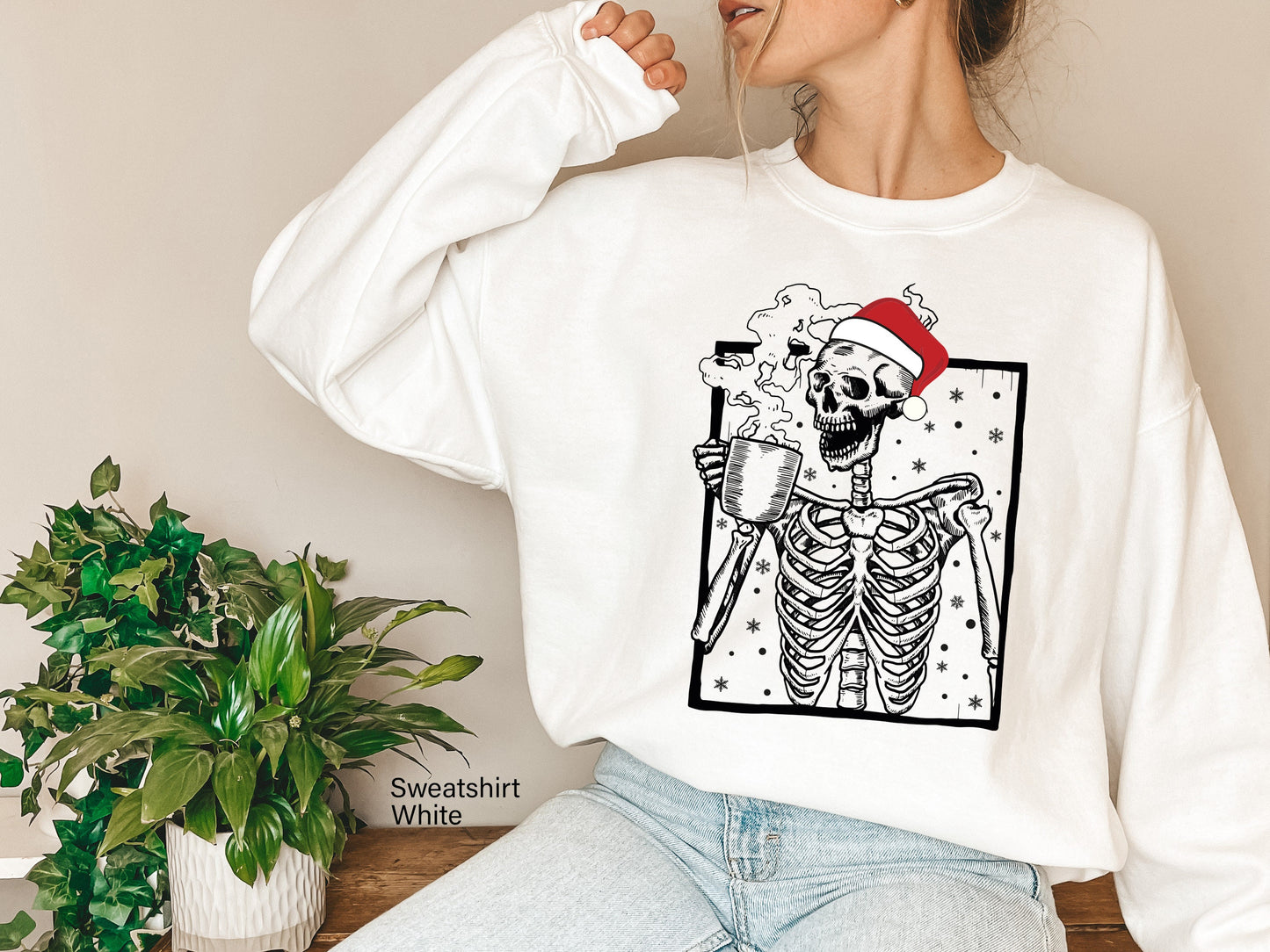 Hot Coffee Skeleton Sweathirt,Skeleton Drinking Coffee Sweatshirt,Skeleton Christmas Sweatshirt,Skull Shirt,Oversize,Christmas Gift,C6239