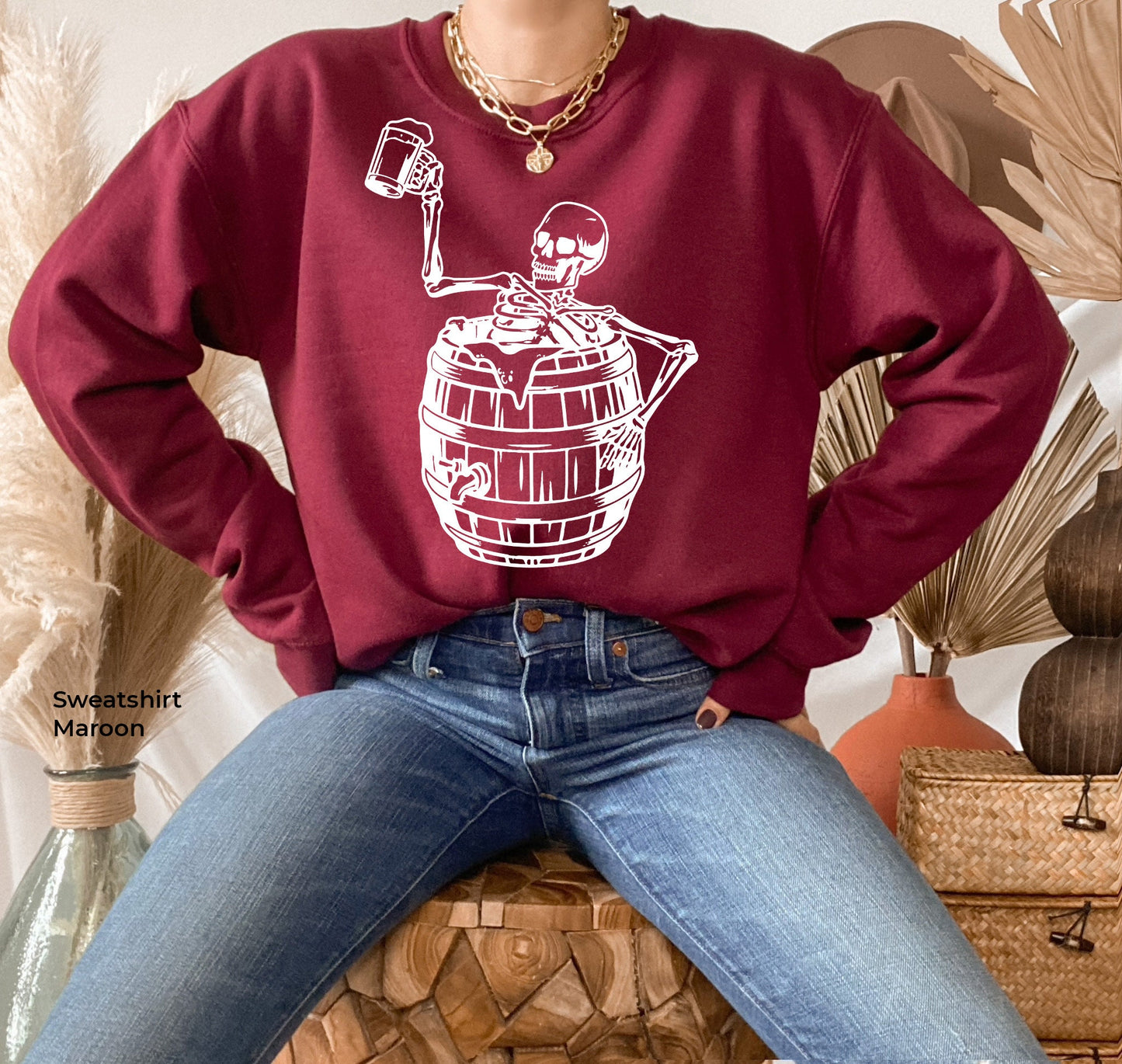 Skeleton Drinking Beer Sweathirt,Skeleton Drinking Beer Sweatshirt,Skeletons Halloween Oversized Sweatshirt,Skull Sweatshirt,Skull Tee,C6178