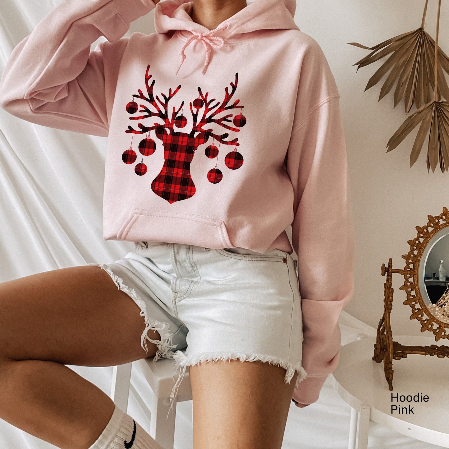 Trendy Christmas Shirt,Santa Deer Sweatshirt,Plaid Tree Hoodie,Plaid Deer Sweater,Reindeer Tshirt,Xmas Gift For Family,Christmas Mom,C6304