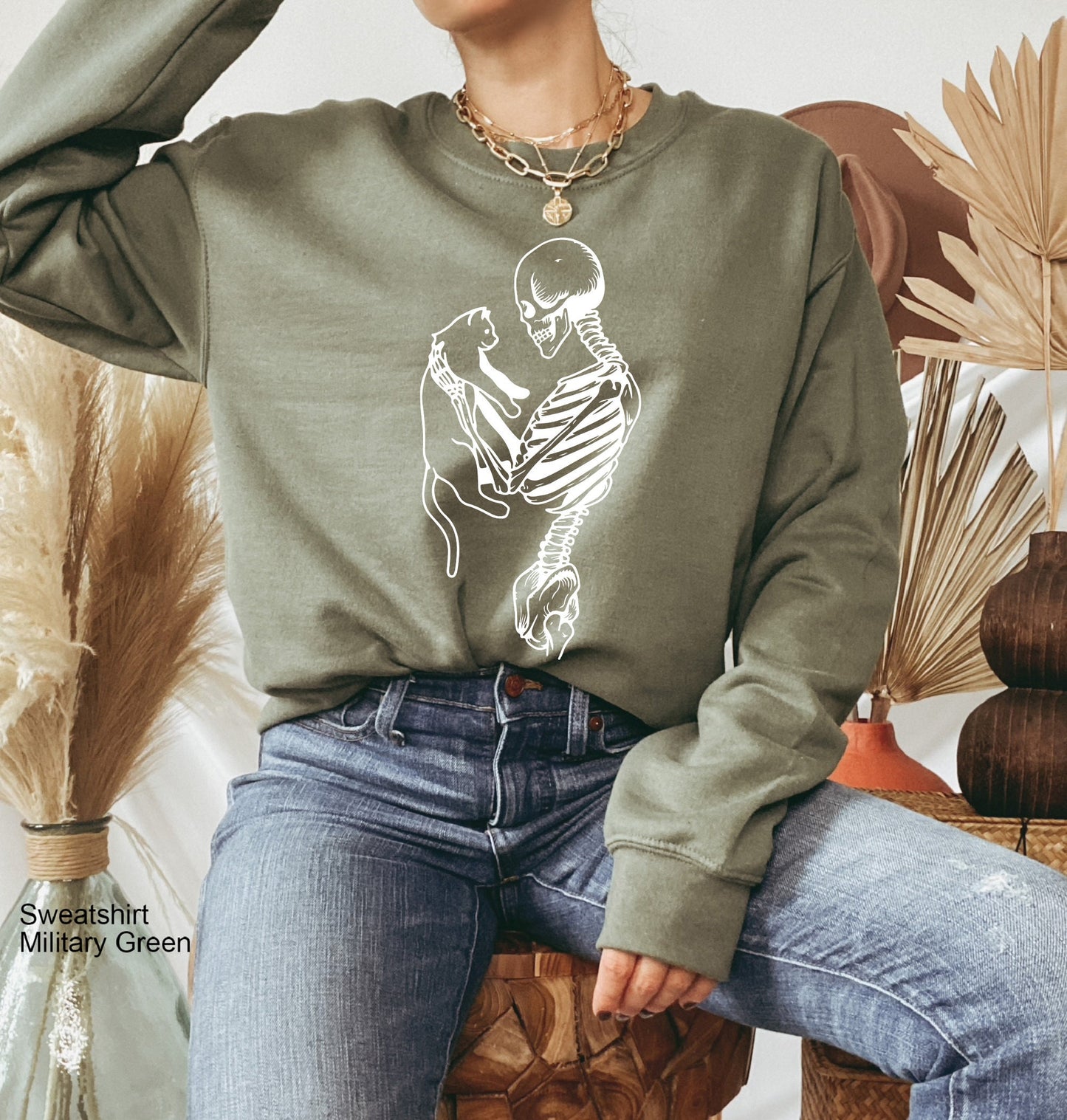 Skeleton Sweatshirt,Skeleton And Cat Hoodie, Gifts For Cat Lovers,Skeleton Love,Cat Lady Gift,Cat Mom,Cat Clothing, Cat Dad, Cat Tee, C6396
