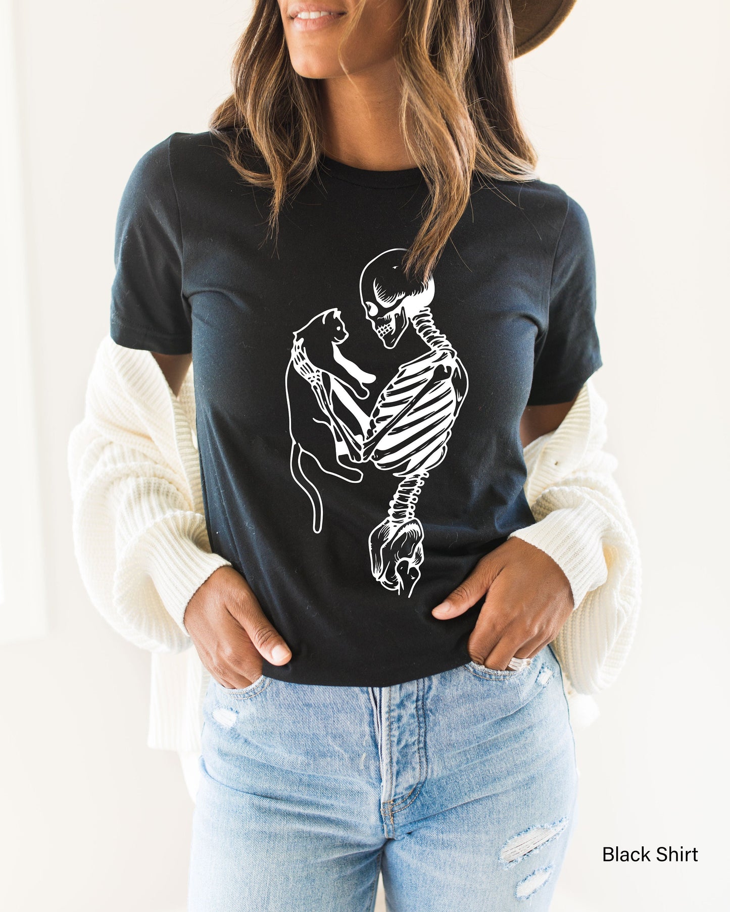 Skeleton Sweatshirt,Skeleton And Cat Hoodie, Gifts For Cat Lovers,Skeleton Love,Cat Lady Gift,Cat Mom,Cat Clothing, Cat Dad, Cat Tee, C6396