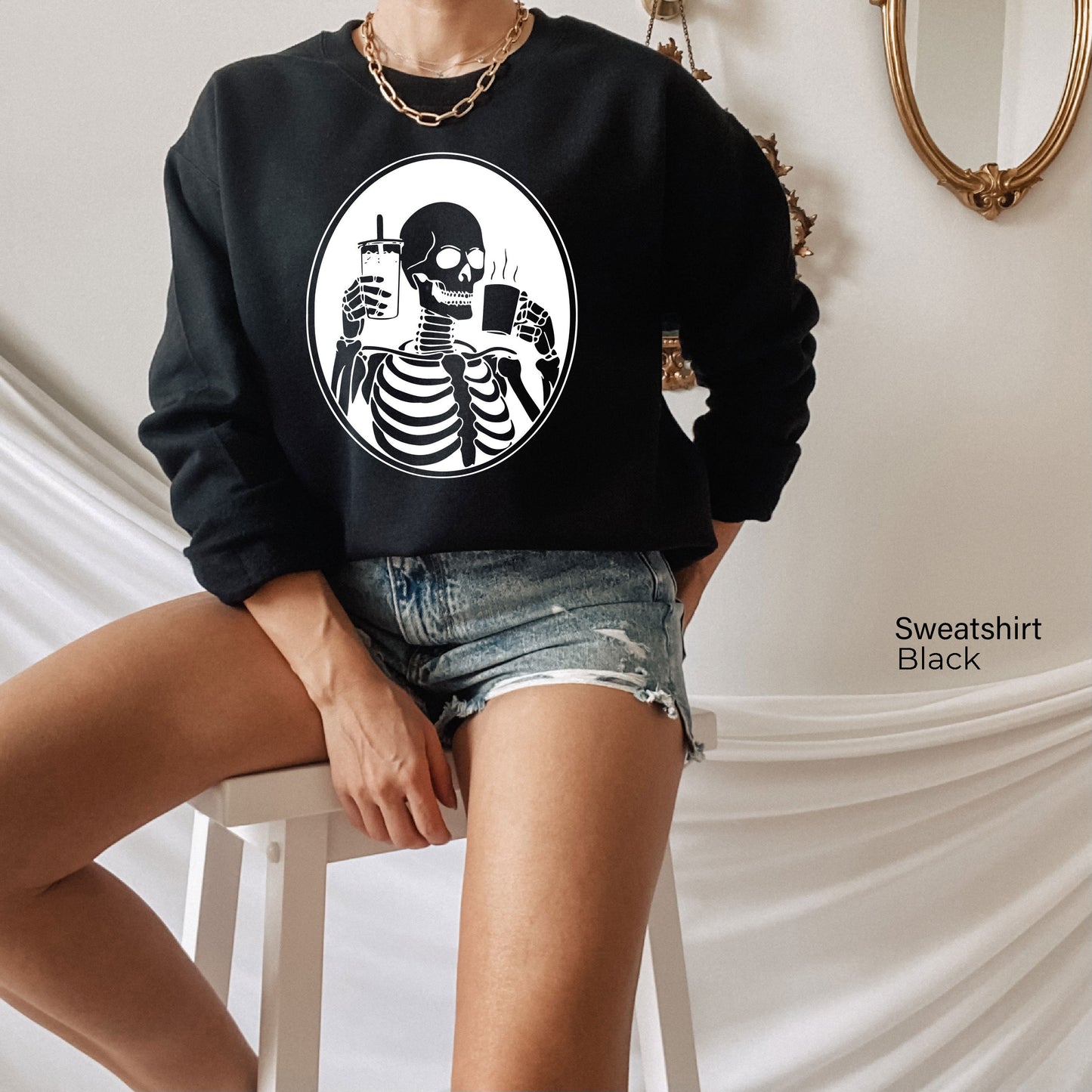 Hot or Ice Coffee Skeleton Sweathirt,Skeleton Drinking Coffee Hoodie,Skeletons Oversized Sweatshirt,Skull Sweatshirt,Skull Tee, C6379