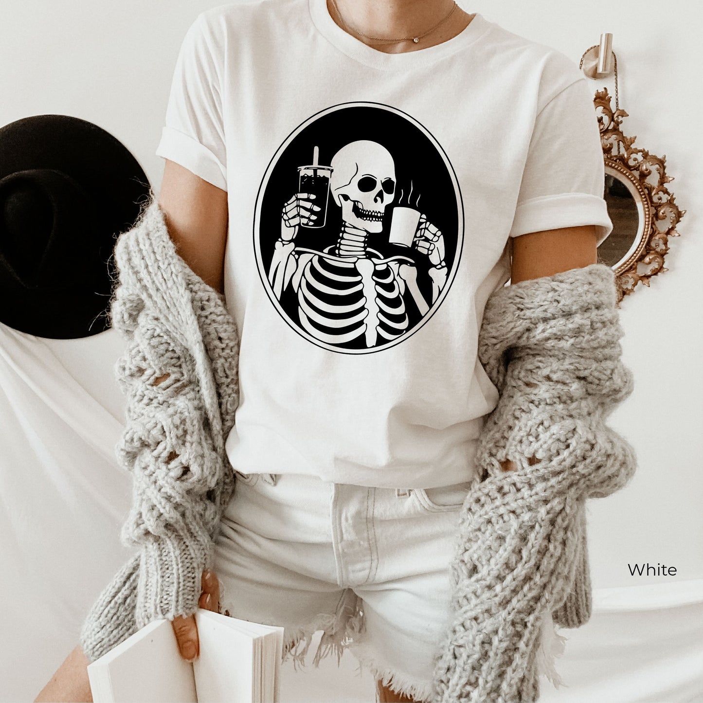Hot or Ice Coffee Skeleton Sweathirt,Skeleton Drinking Coffee Hoodie,Skeletons Oversized Sweatshirt,Skull Sweatshirt,Skull Tee, C6379