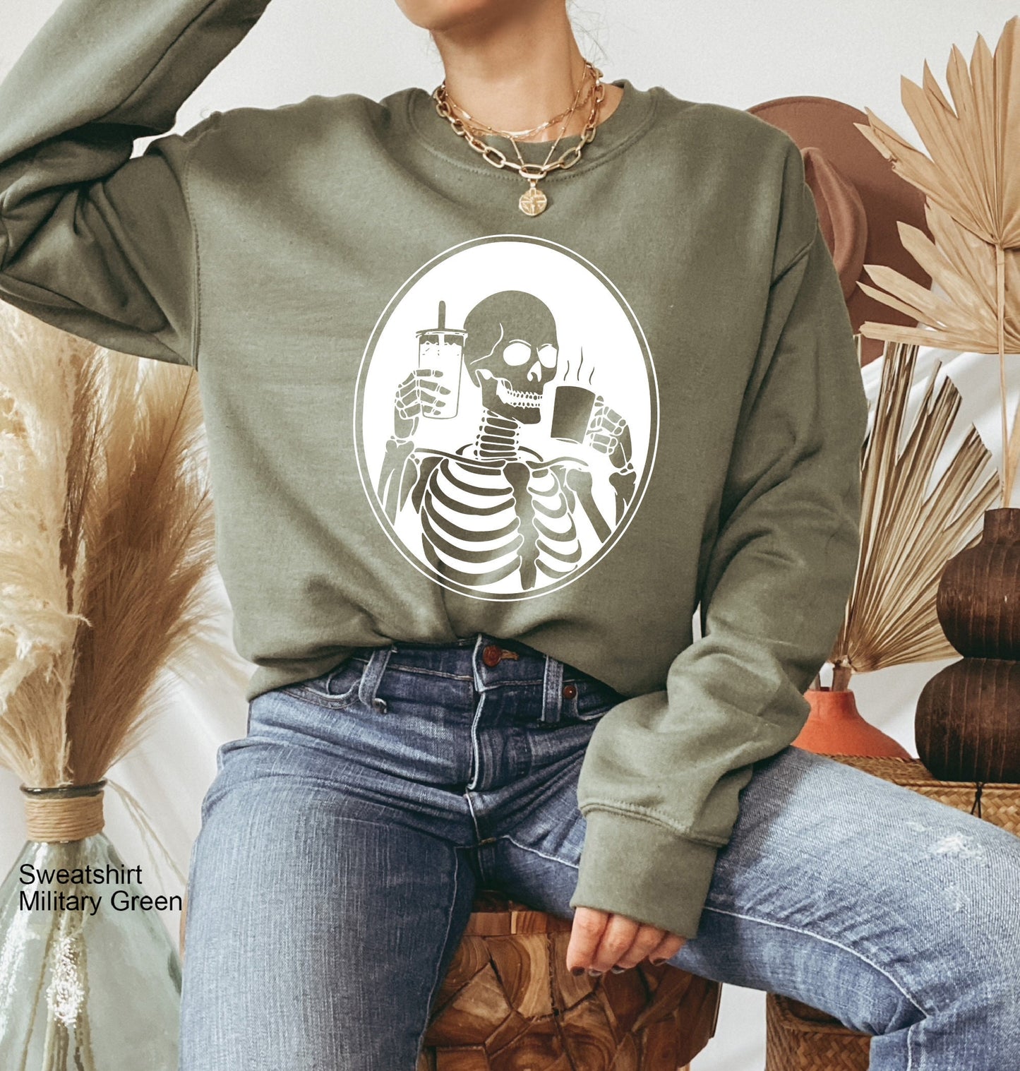 Hot or Ice Coffee Skeleton Sweathirt,Skeleton Drinking Coffee Hoodie,Skeletons Oversized Sweatshirt,Skull Sweatshirt,Skull Tee, C6379
