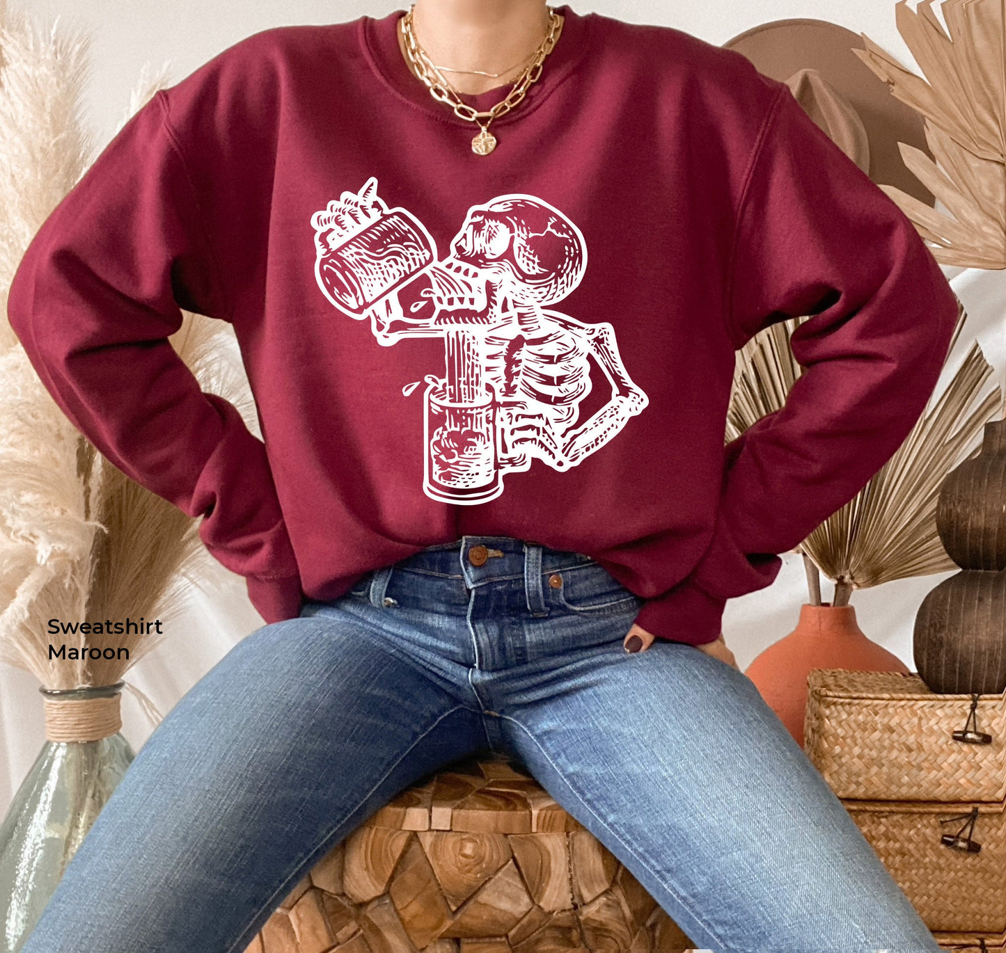 Beer Hoodie,Skull Skeleton Alcohol Beer Sweatshirt,Alcohol Shirt,Trendy Skull Sweater,Skeleton Drinking Woman Tops,Halloween Party Tee,C6384