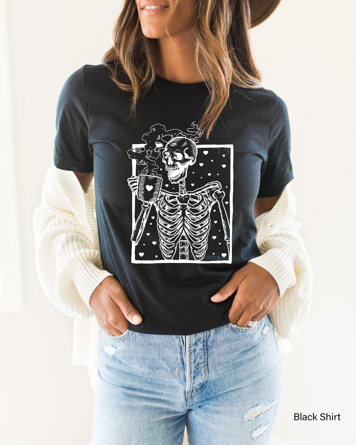 Hot Coffee Skeleton Sweathirt, Skeleton Drinking Coffee Sweatshirt, Coffee Skeleton T-shirt, Skull Sweatshirt, Skull Tee, C6402