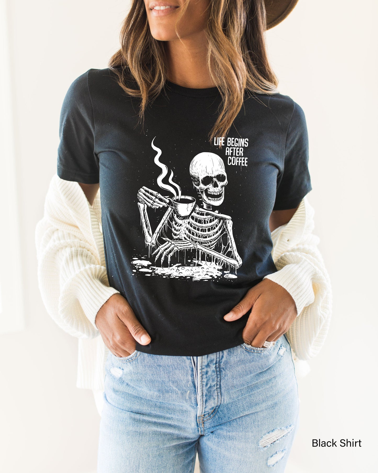 Coffee Sweatshirt,Life Begins After Coffee Shirt,Oversized Skeleton Tshirt,Funny Coffee Lover Shirts,Halloween Party Tee,Skull Sweater,C6517