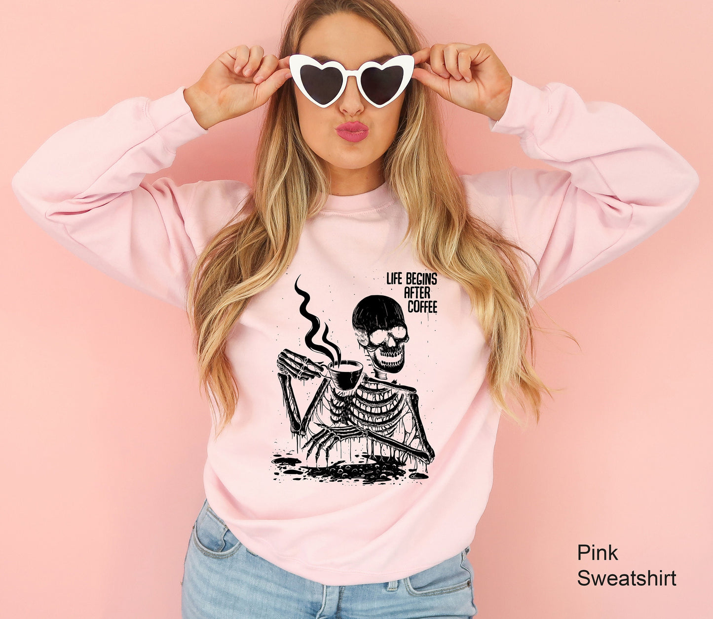 Coffee Sweatshirt,Life Begins After Coffee Shirt,Oversized Skeleton Tshirt,Funny Coffee Lover Shirts,Halloween Party Tee,Skull Sweater,C6517