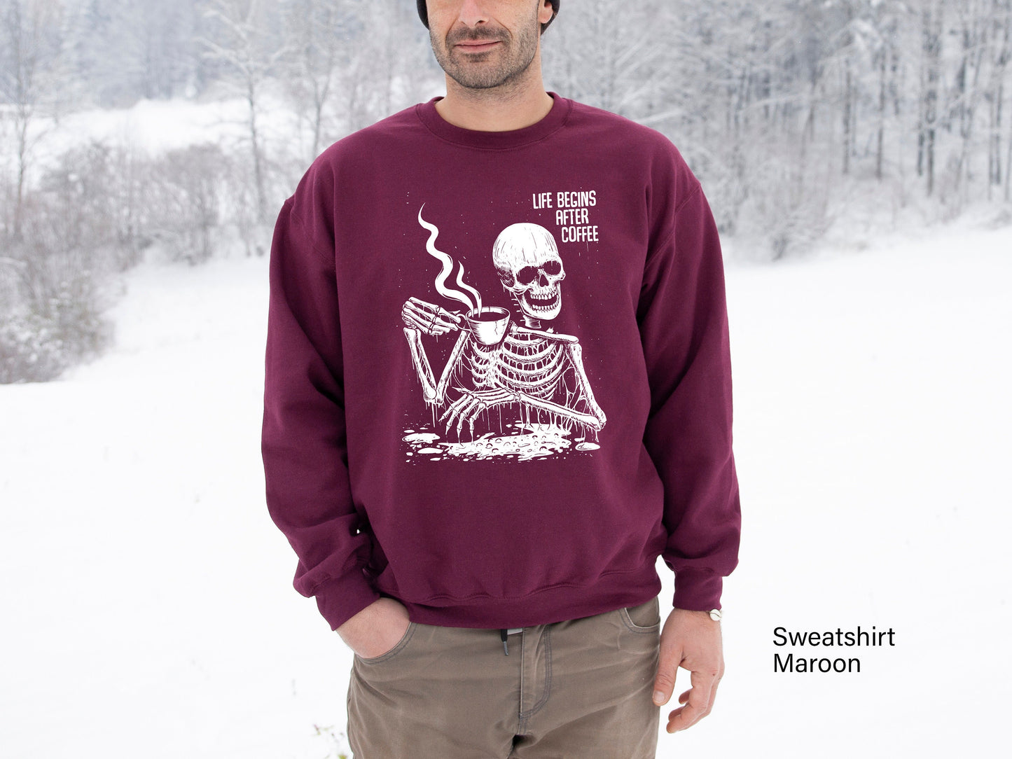 Coffee Sweatshirt,Life Begins After Coffee Shirt,Oversized Skeleton Tshirt,Funny Coffee Lover Shirts,Halloween Party Tee,Skull Sweater,C6517