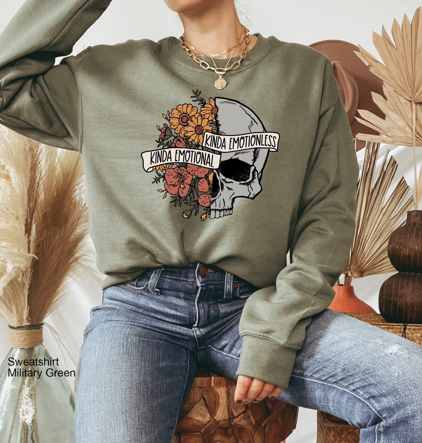 Kinda Emotional Kinda Emotionless Sweatshirt, Flower Skull Hoodie, Motivational Shirt, Skeleton Shirt, Mental Health Awareness, C6834