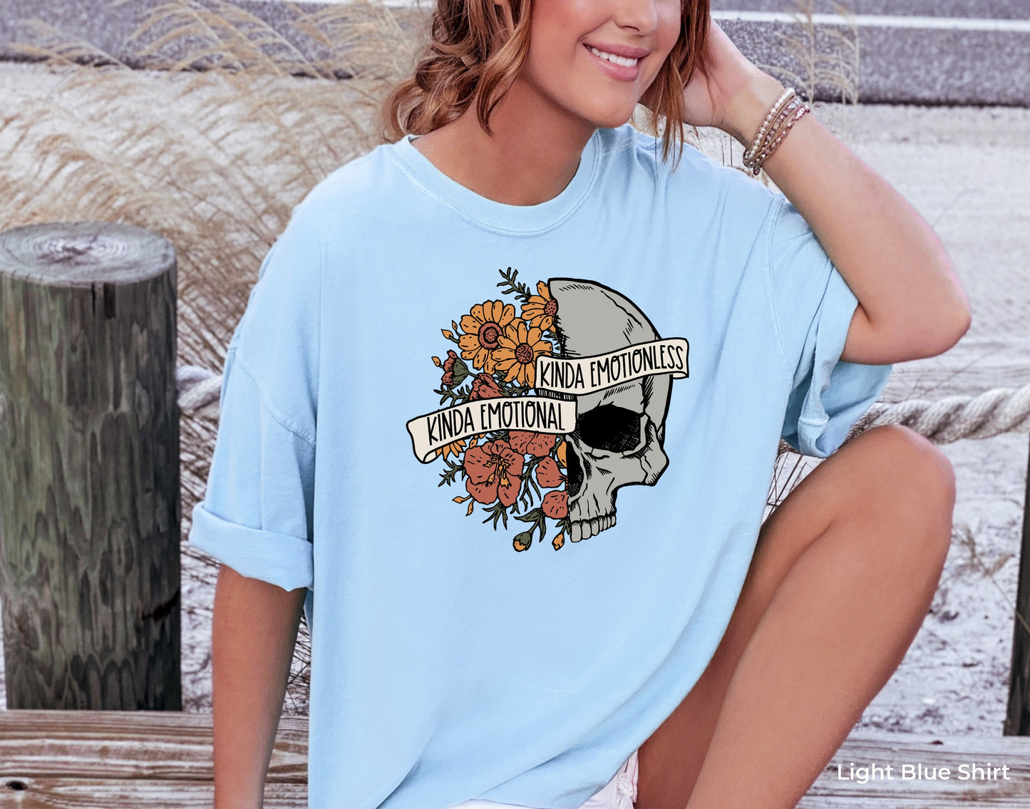 Kinda Emotional Kinda Emotionless Tank Tops,Flower Skull Shirt,Therapist Tshirt,Funny Motivational Racer Back,Skeleton Design Tee, PC6834