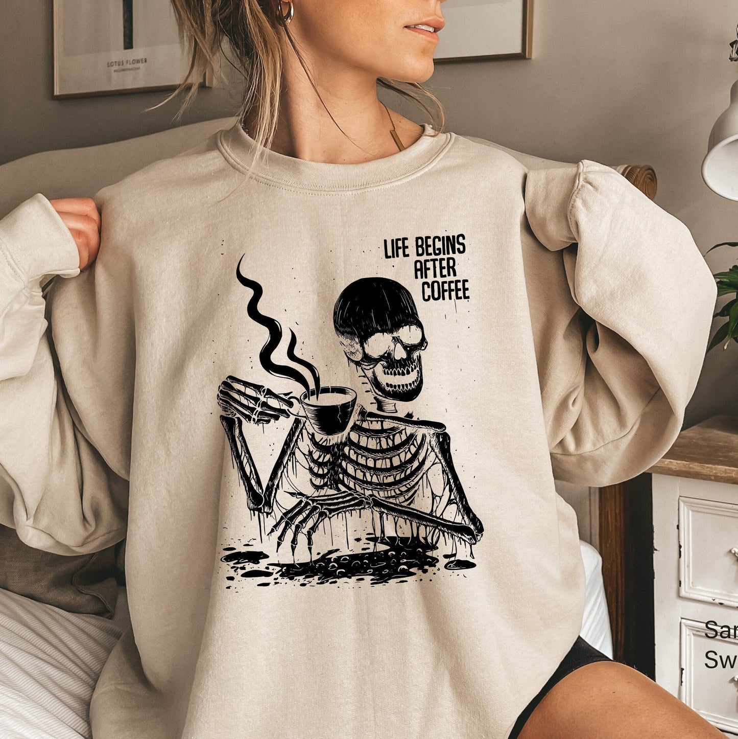Coffee Sweatshirt,Life Begins After Coffee Shirt,Oversized Skeleton Tshirt,Funny Coffee Lover Shirts,Halloween Party Tee,Skull Sweater,C6517