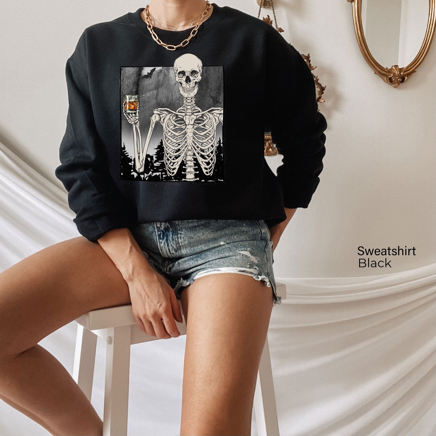 Skeleton Drinking Whiskey Halloween Sweatshirt,Skeleton Selfie Shirts,Skeletons Halloween Oversized Sweatshirt,Halloween Party Gifts,C7034