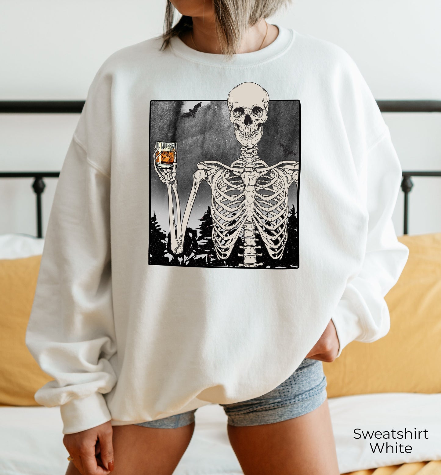 Skeleton Drinking Whiskey Halloween Sweatshirt,Skeleton Selfie Shirts,Skeletons Halloween Oversized Sweatshirt,Halloween Party Gifts,C7034