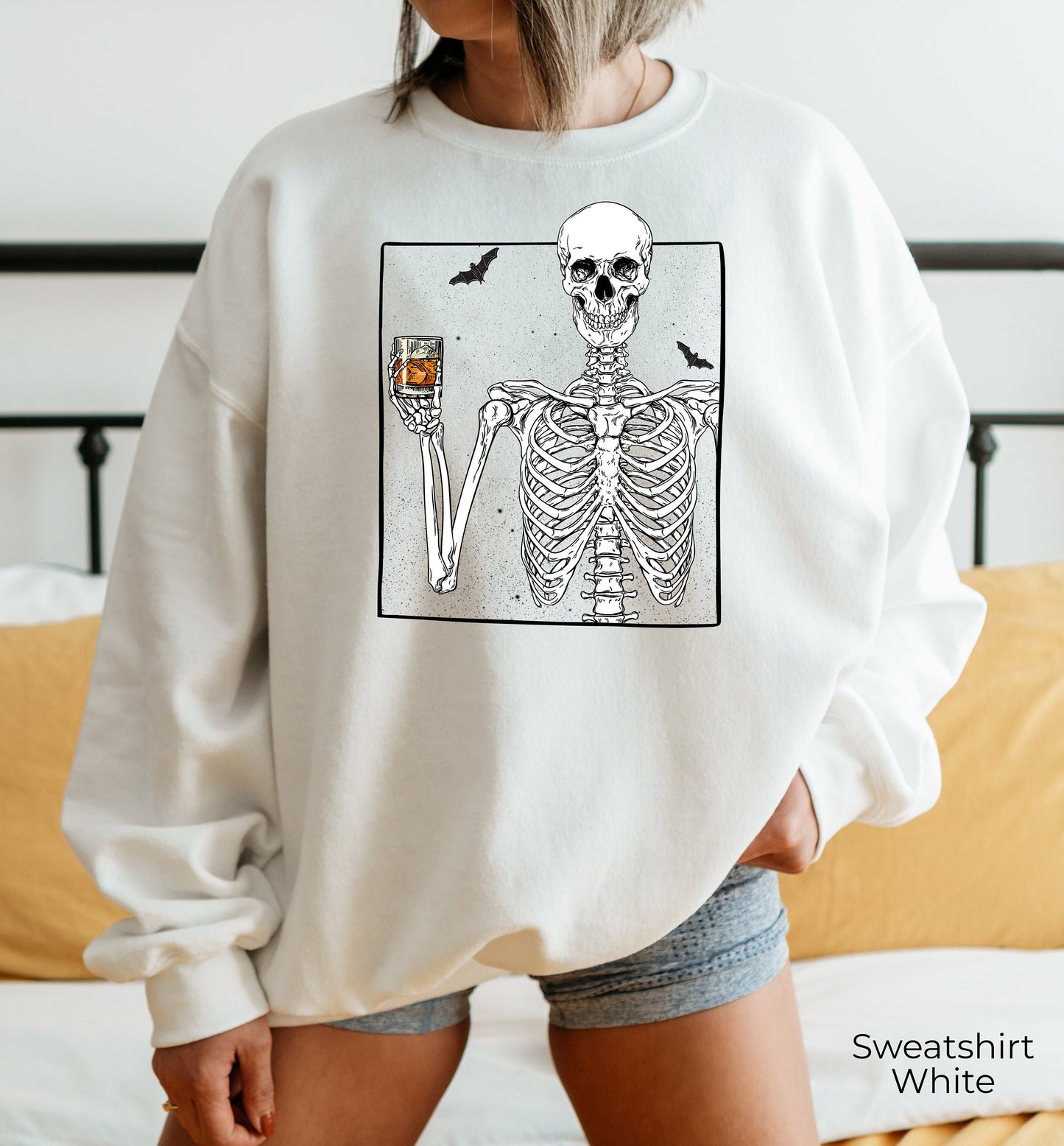 Skeleton Drinking Whiskey Halloween Sweatshirt,Skeleton Selfie Shirts,Skeletons Halloween Oversized Sweatshirt,Halloween Party Gifts,C7035