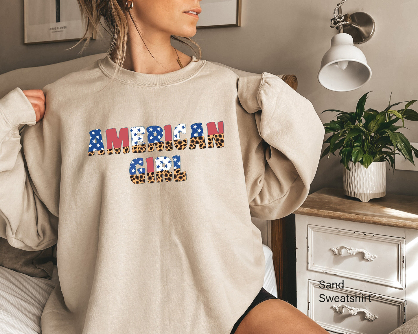 4th of July Sweatshirt, American Girl, America Hoodie, Fourth of July, Patriotic Womens Pullover, Crewneck Sweatshirt, Red White, C6957