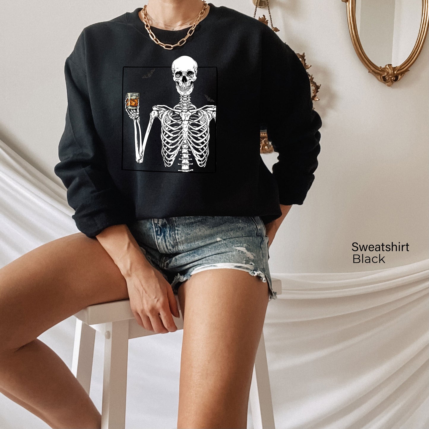 Skeleton Drinking Whiskey Halloween Sweatshirt,Skeleton Selfie Shirts,Skeletons Halloween Oversized Sweatshirt,Halloween Party Gifts,C7035
