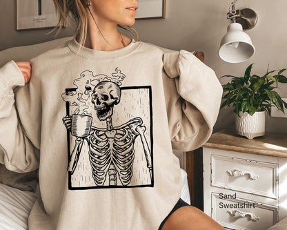 Hot Coffee Skeleton Sweatshirt,Skeleton Drinking Coffee Shirt,Skeletons Halloween Oversized Sweatshirt,Skull Hoodie,Skull Tee,C6141