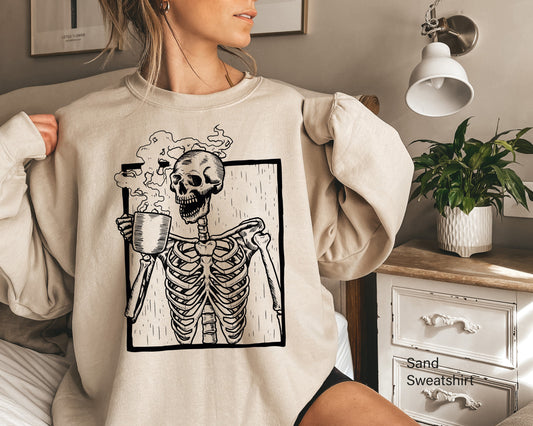 Hot Coffee Skeleton Sweatshirt,Skeleton Drinking Coffee Shirt,Skeletons Halloween Oversized Sweatshirt,Skull Hoodie,Skull Tee,C6141