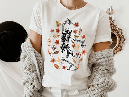 Halloween Shirt,Skeleton Leaves Tshirt,Cute Dancing Skeleton T Shirt,Trendy Halloween Costume for Womens,Funny Oversized Fall Tshirt,C6148
