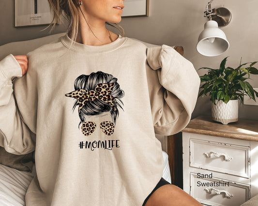 Mom Life Sweatshirt,Leopard Cheetah Print with Messy Bun,Mom Life Sweatshirt,Mother's Day Gift for Mom, Cheetah Print Mom Sweatshirt C5844