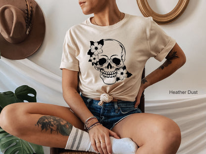 Halloween Skull Shirt,Skull Flower Shirt,Floral Skull Shirt,Goth Shirt,Skull T-Shirt,Skeleton Top,Funny Skulls Tee,Halloween Gift,C6143