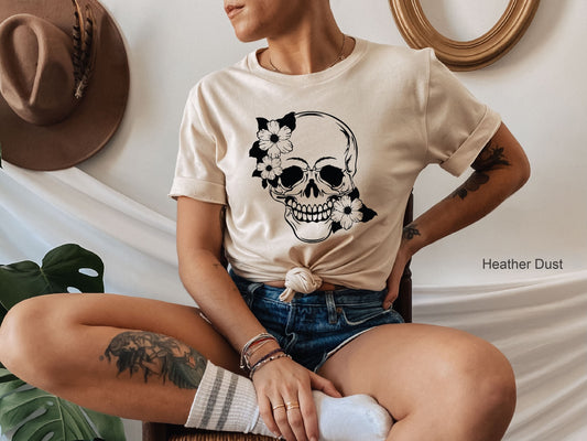 Halloween Skull Shirt,Skull Flower Shirt,Floral Skull Shirt,Goth Shirt,Skull T-Shirt,Skeleton Top,Funny Skulls Tee,Halloween Gift,C6143