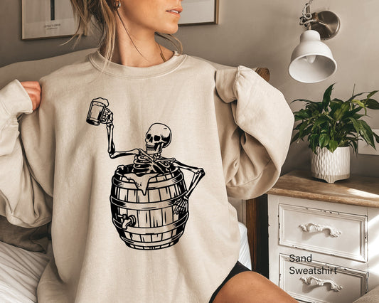 Skeleton Drinking Beer Sweathirt,Skeleton Drinking Beer Sweatshirt,Skeletons Halloween Oversized Sweatshirt,Skull Sweatshirt,Skull Tee,C6178