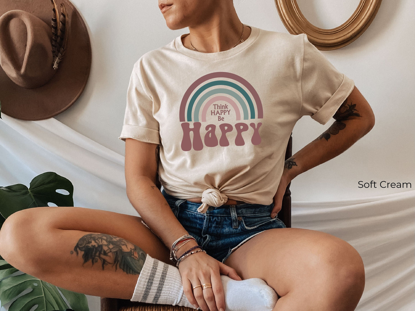 Retro Style Shirt,Rainbow Shirt,Boho Shirt,Think  Be Happy,Vintage Tee, Motivational Shirt, Happy Tee, C6138