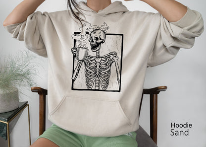 Hot Coffee Skeleton Sweatshirt,Skeleton Drinking Coffee Shirt,Skeletons Halloween Oversized Sweatshirt,Skull Hoodie,Skull Tee,C6141