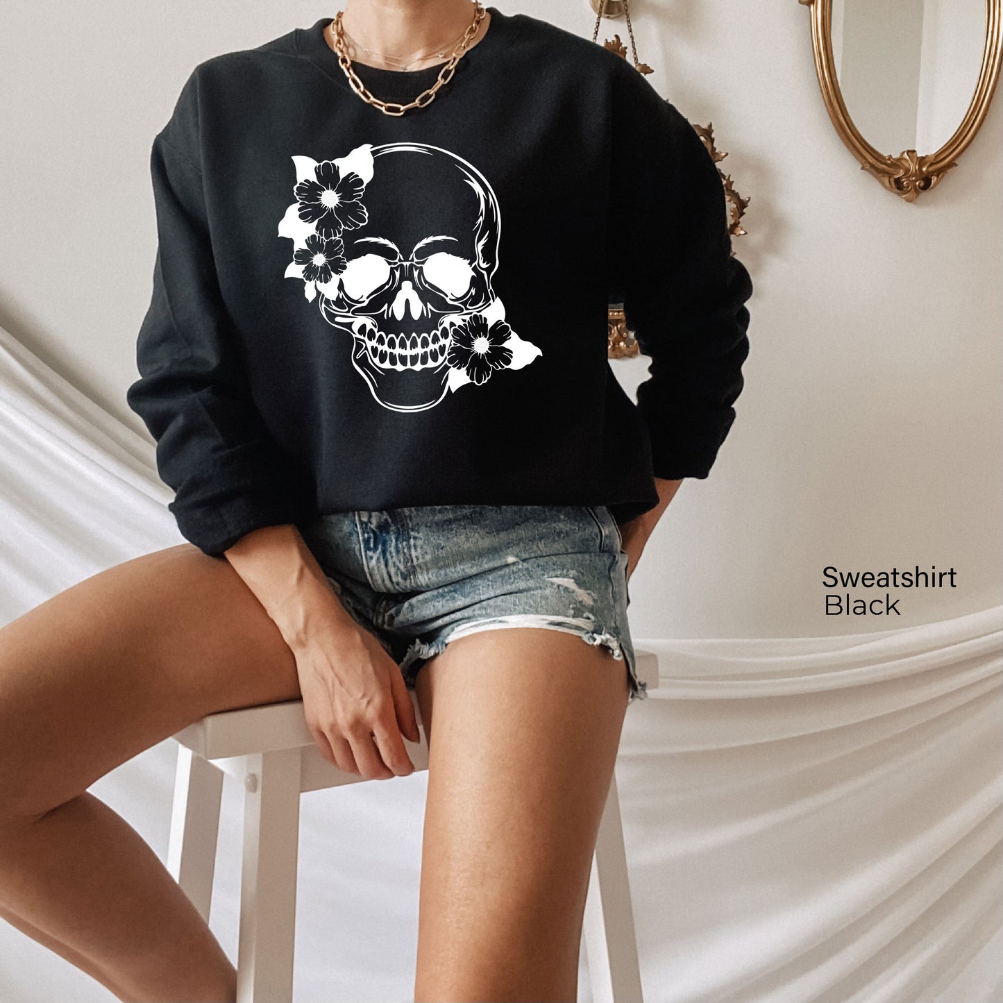 Funny Skulls Sweatshirt,Skeleton Sweatshirt,Goth Shirt,Halloween Sweatshirt,Skull T Shirt,Flower Skull Sweatshirt,Skull Halloween,C6143
