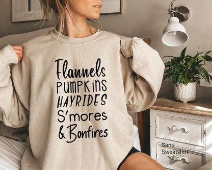 Flannels Pumpkins Hayrides S’mores & Bonfires Shirt, Fall Shirt, Funny Fall Shirt, Pumpkin Patch, Thanksgiving Tee, Clothe Design, C5353