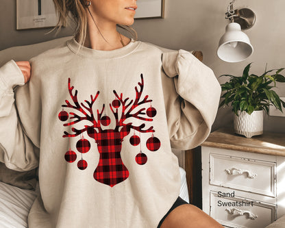 Christmas Plaid Tree Sweatshirt,Santa Deer Christmas Hoodie,Plaid Deer Sweater,Reindeer Sweatshirt,Xmas Gift For Family, Christmas Mom,C6304