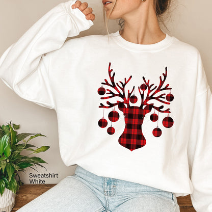 Christmas Plaid Tree Sweatshirt,Santa Deer Christmas Hoodie,Plaid Deer Sweater,Reindeer Sweatshirt,Xmas Gift For Family, Christmas Mom,C6304