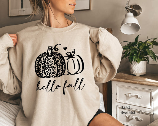 Hello Fall Pumpkin Sweatshirt, Leopard Print Pumpkin Sweatshirt, Pumpkin Sweatshirt, Fall Shirt, Autumn Sweatshirt, C6215