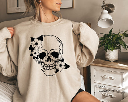 Funny Skulls Sweatshirt,Skeleton Sweatshirt,Goth Shirt,Halloween Sweatshirt,Skull T Shirt,Flower Skull Sweatshirt,Skull Halloween,C6143