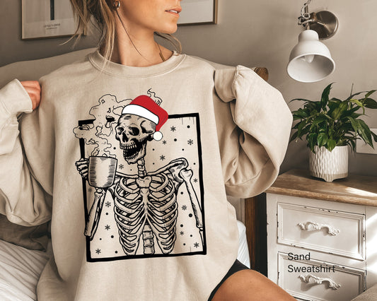Hot Coffee Skeleton Sweathirt,Skeleton Drinking Coffee Sweatshirt,Skeleton Christmas Sweatshirt,Skull Shirt,Oversize,Christmas Gift,C6239