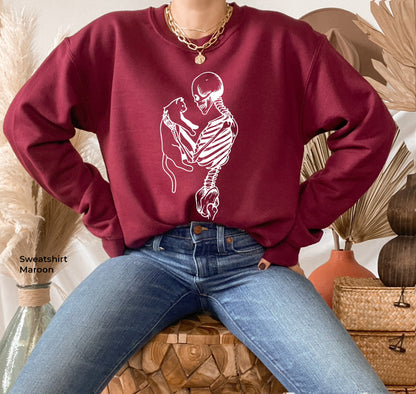 Skeleton Sweatshirt,Skeleton And Cat Hoodie, Gifts For Cat Lovers,Skeleton Love,Cat Lady Gift,Cat Mom,Cat Clothing, Cat Dad, Cat Tee, C6396