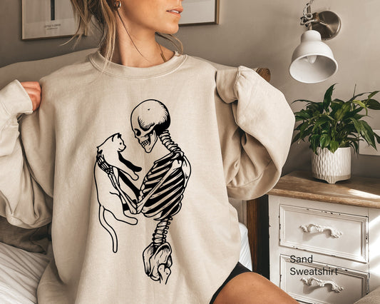 Skeleton Sweatshirt,Skeleton And Cat Hoodie, Gifts For Cat Lovers,Skeleton Love,Cat Lady Gift,Cat Mom,Cat Clothing, Cat Dad, Cat Tee, C6396