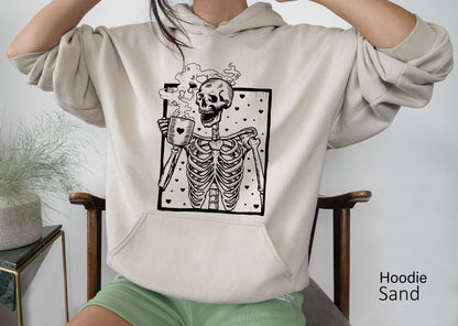 Hot Coffee Skeleton Sweathirt, Skeleton Drinking Coffee Sweatshirt, Coffee Skeleton T-shirt, Skull Sweatshirt, Skull Tee, C6402