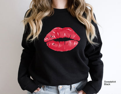 Lips Kiss Sweatshirt, Valentine's Day Shirt, Red Lips shirt, Cute Red Lips, Distressed Lips Shirt, Kissing Lip Shirt, Women Shirt, C6371