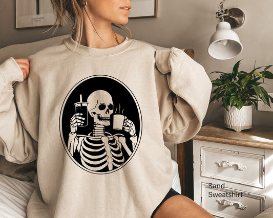 Hot or Ice  Coffee Skeleton Sweathirt,Skeleton Drinking Coffee Hoodie,Skeletons Oversized Sweatshirt,Skull Sweatshirt,Skull Tee, C6379