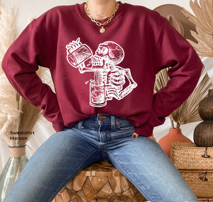 Beer Hoodie,Skull Skeleton Alcohol Beer Sweatshirt,Alcohol Shirt,Trendy Skull Sweater,Skeleton Drinking Woman Tops,Halloween Party Tee,C6384
