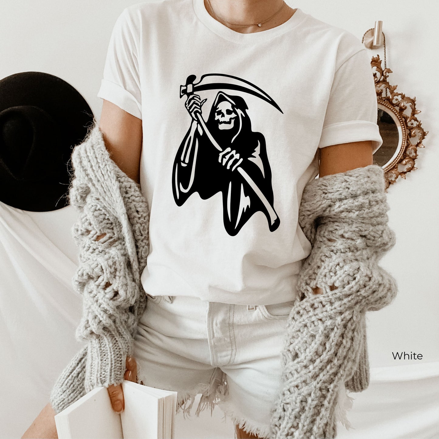 Grim Reaper Sweashirt,Funny Halloween Shirt,Trendy Skeleton  Coffee Hoodie,Halloween Party T shirt,Funny Halloween Costumes,Skull Gift,C6497