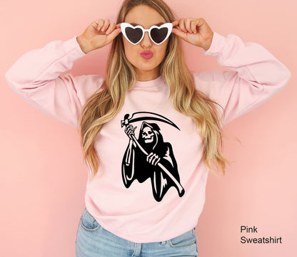 Grim Reaper Sweashirt,Funny Halloween Shirt,Trendy Skeleton  Coffee Hoodie,Halloween Party T shirt,Funny Halloween Costumes,Skull Gift,C6497