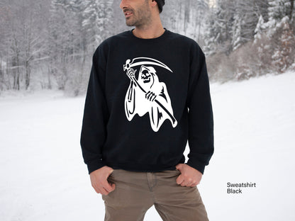 Grim Reaper Sweashirt, Ugly Grim Reaper Coffee T-shirt, Skeleton Shirt, Skeleton Halloween Shirt, Funny Grim Shirt, Grim Halloween Tee,C6497