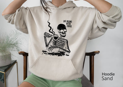 Life Begins After Coffee Sweatshirt, Skeleton Shirt, Hot Coffee Skeleton Shirt, Skeleton Tee, Halloween Gift, C6517